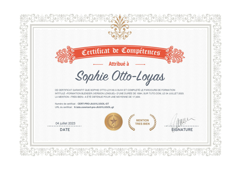 Certificat de compétences Blender 3D obtenu au mois de juillet 2023 - Parcours pro réalisé avec Tuto.com