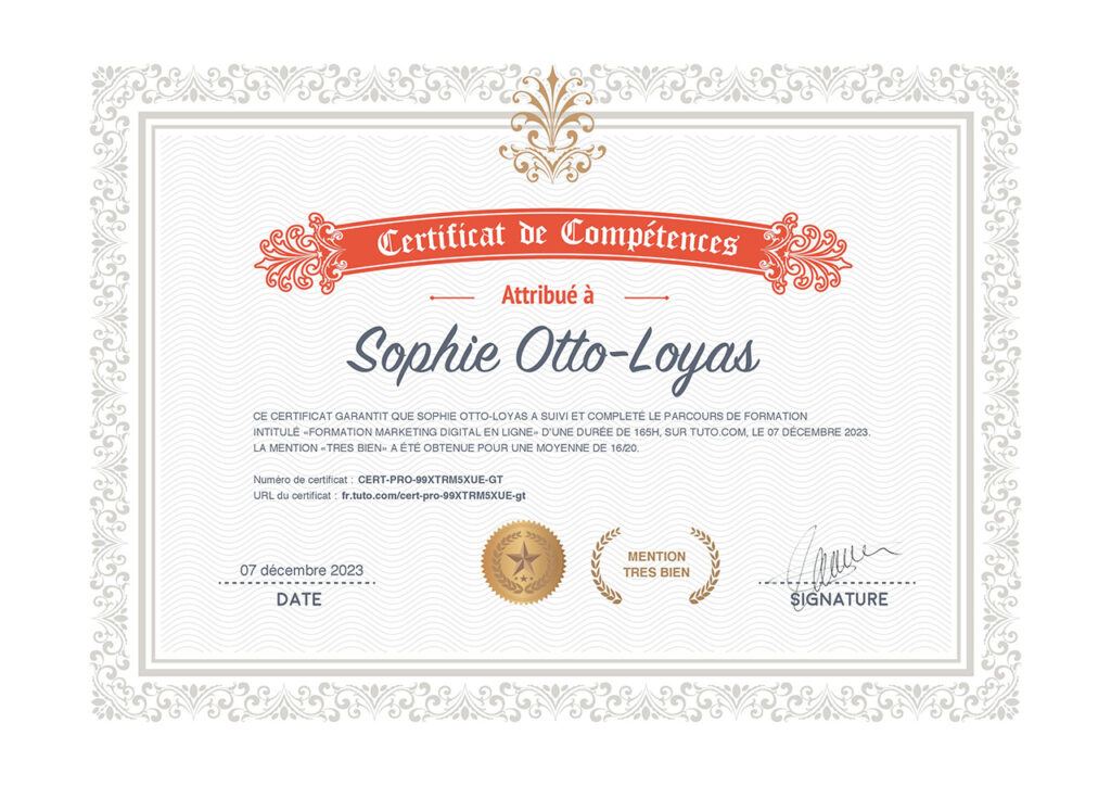 Certificat de fin de parcours professionnel en Marketing digital d'une durée de 165h sur tuto.com. La note finale est de 16/20.
