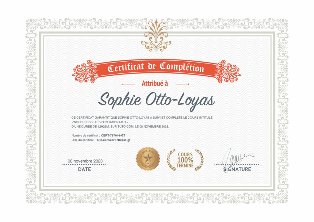 Certificat de formation WordPress réalisée chez Tuto.com