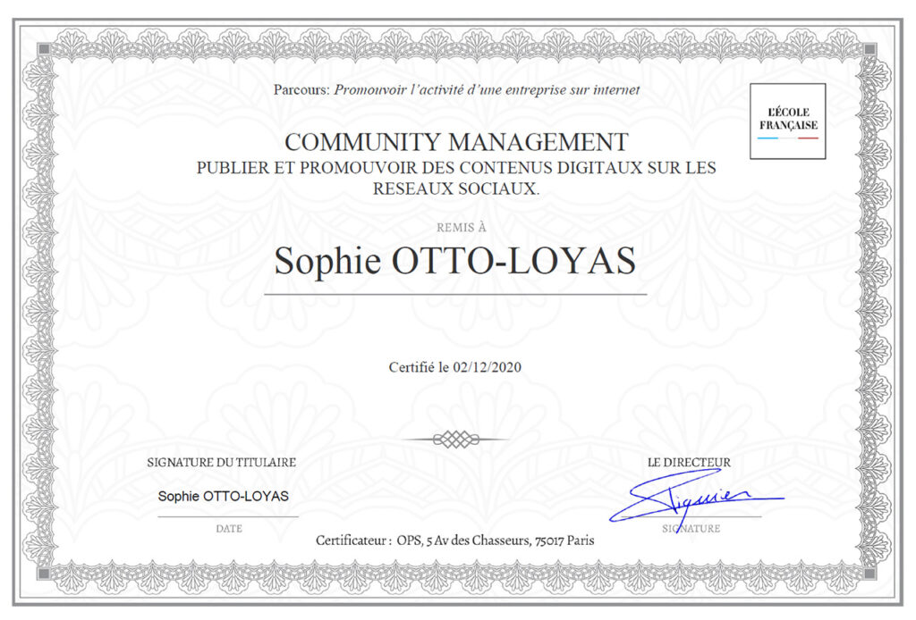 Certificat_community_manager_sophie_otto-loyas obtenu en décembre 2020