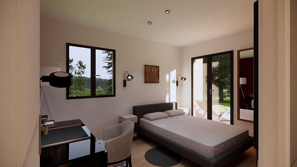 Projet Pro de fin de parcours, il s'agissait de modéliser un chalet d'inviter avec sketchup, de le meubler et de faire les rendus 3D - vue chambre