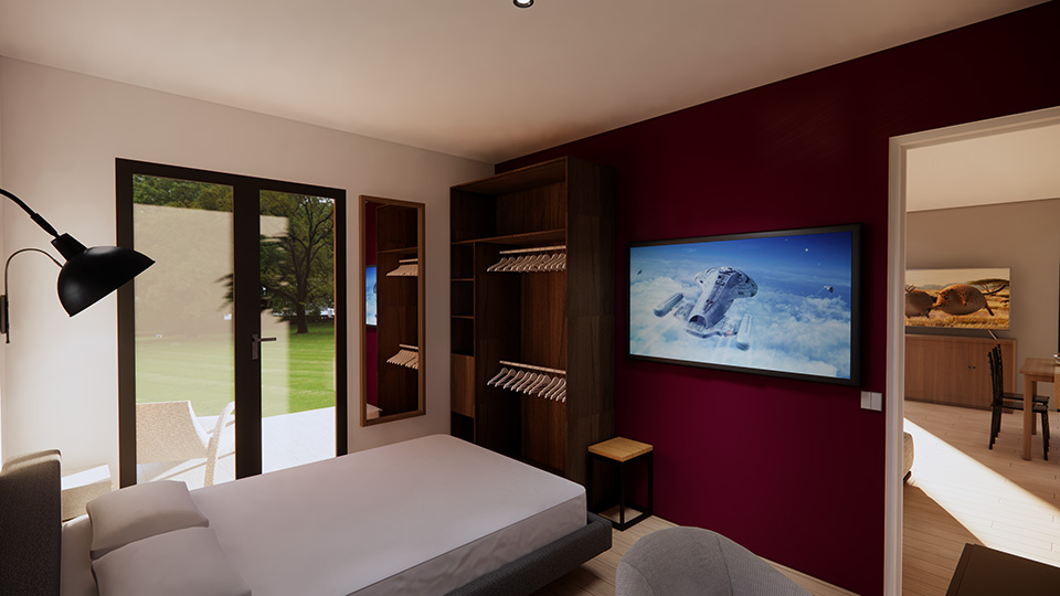 Projet Pro de fin de parcours, il s'agissait de modéliser un chalet d'inviter avec sketchup, de le meubler et de faire les rendus 3D - vue chambre