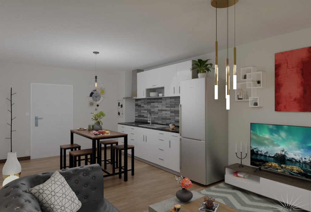 Projet Pro Blender - Appartement 2 pièces - Vue cuisine - rendu Cycles