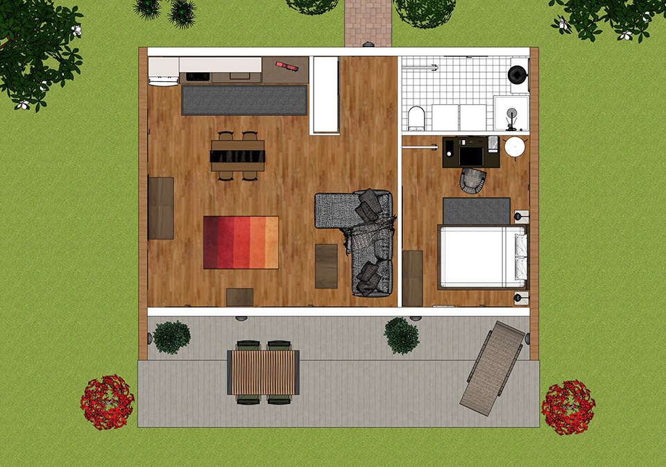 Projet Pro de fin de parcours, il s'agissait de modéliser un chalet d'invité avec sketchUp, de le meubler et de faire les rendus 3D - plan de masse