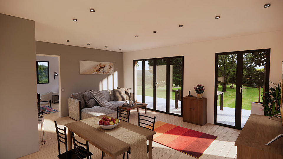 Projet Pro de fin de parcours, il s'agissait de modéliser un chalet d'invité avec sketchUp, de le meubler et de faire les rendus 3D - vue séjour