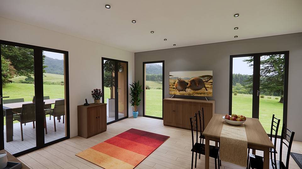 Projet Pro de fin de parcours, il s'agissait de modéliser un chalet d'invité avec sketchUp, de le meubler et de faire les rendus 3D - vue séjour
