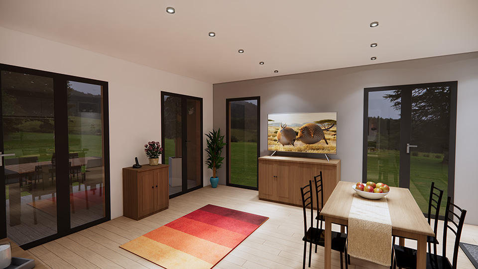 Projet Pro de fin de parcours, il s'agissait de modéliser un chalet d'invité avec sketchUp, de le meubler et de faire les rendus 3D - vue séjour fin de journée