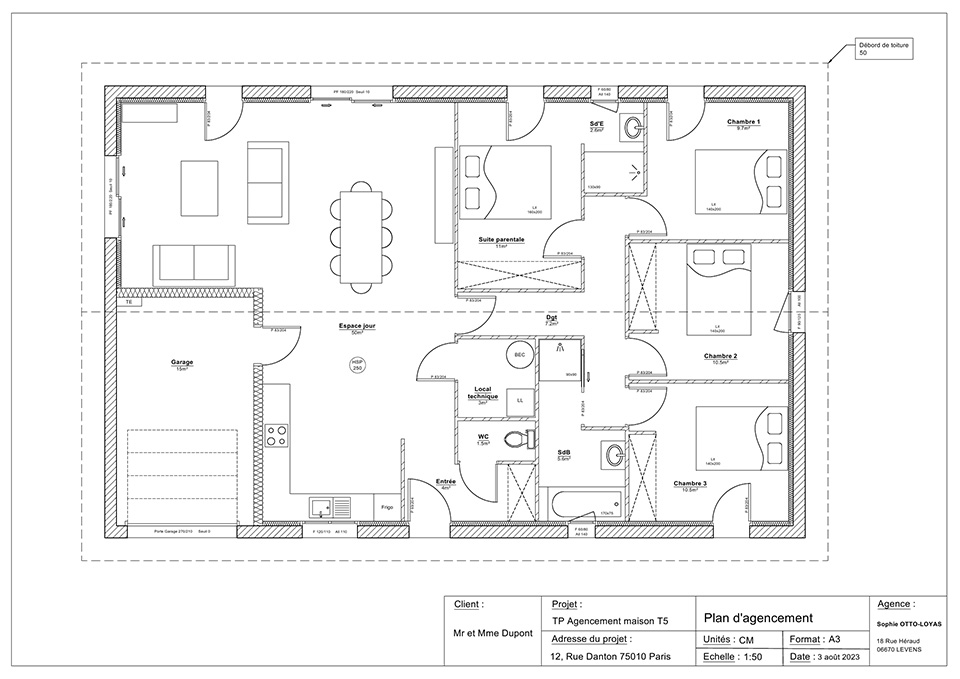 Plan d'agencement d'une maison T5 pour le Projet professionnel Autocad LT réalisé au mois d'août 2023