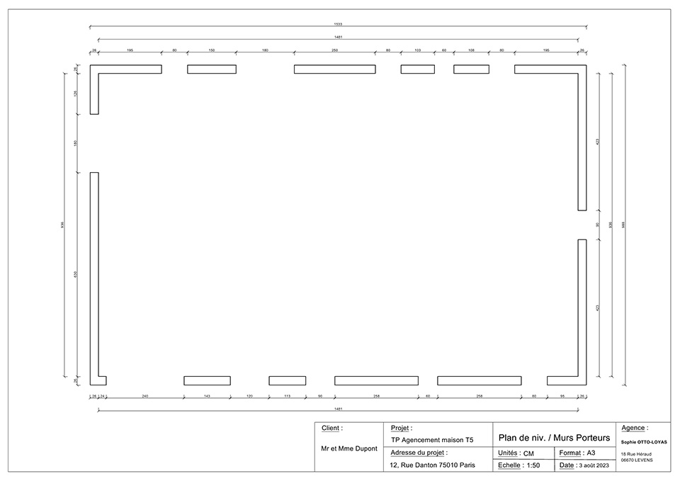 Plan de niveau et murs porteurs d'une maison T5 pour le Projet professionnel Autocad LT réalisé au mois d'août 2023