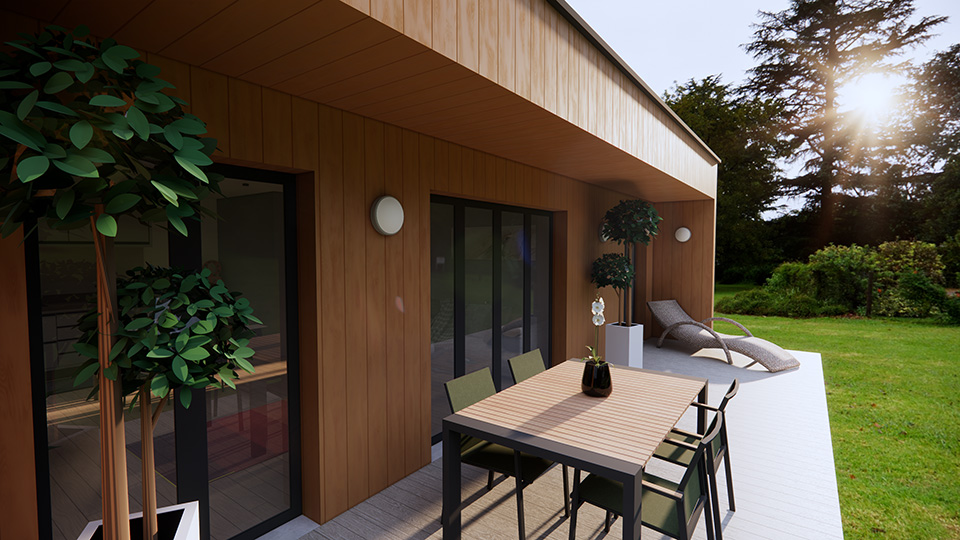 Projet Pro de fin de parcours, il s'agissait de modéliser un chalet d'invité avec sketchUp, de le meubler et de faire les rendus 3D - vue terrasse