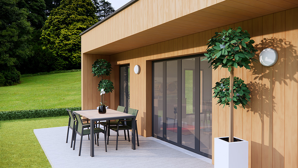 Projet Pro de fin de parcours, il s'agissait de modéliser un chalet d'inviter avec sketchup, de le meubler et de faire les rendus 3D - vue terrasse