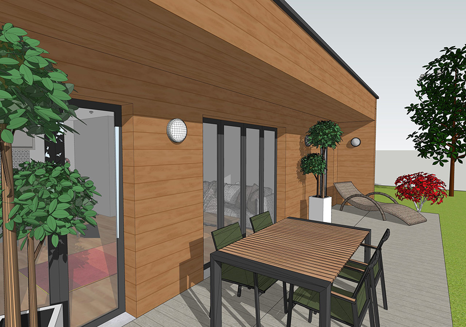 Projet Pro de fin de parcours, il s'agissait de modéliser un chalet d'inviter avec sketchup, de le meubler et de faire les rendus 3D - vue terrasse