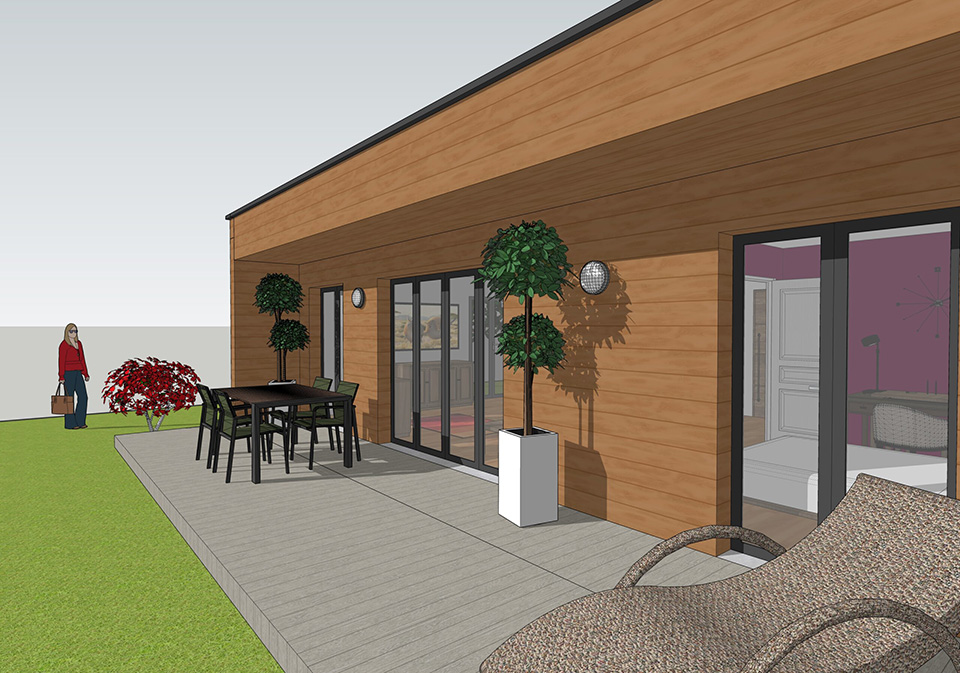 Projet Pro de fin de parcours, il s'agissait de modéliser un chalet d'inviter avec sketchup, de le meubler et de faire les rendus 3D - vue terrasse