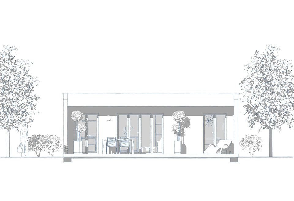 Projet Pro de fin de parcours, il s'agissait de modéliser un chalet d'inviter avec sketchup, de le meubler et de faire les rendus 3D - vue terrasse style crayon