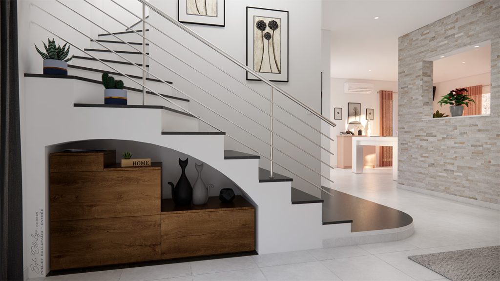 Pour parfaire l'aménagement de l'entrée, des tableaux aux tons neutres seront ajoutés dans l'escalier, apportant une touche de raffinement et de cohérence esthétique à cet espace vertical. Ces œuvres discrètes sauront harmoniser l'ambiance tout en mettant en valeur la montée d'escalier. Par ailleurs, un tableau soigneusement choisi viendra orner la cloison de la cuisine, situé à proximité de la porte des WC. Ce dernier élément décoratif contribuera à créer une transition visuelle agréable entre les différentes zones de la maison, tout en ajoutant une personnalité subtile mais marquante à l'ensemble.