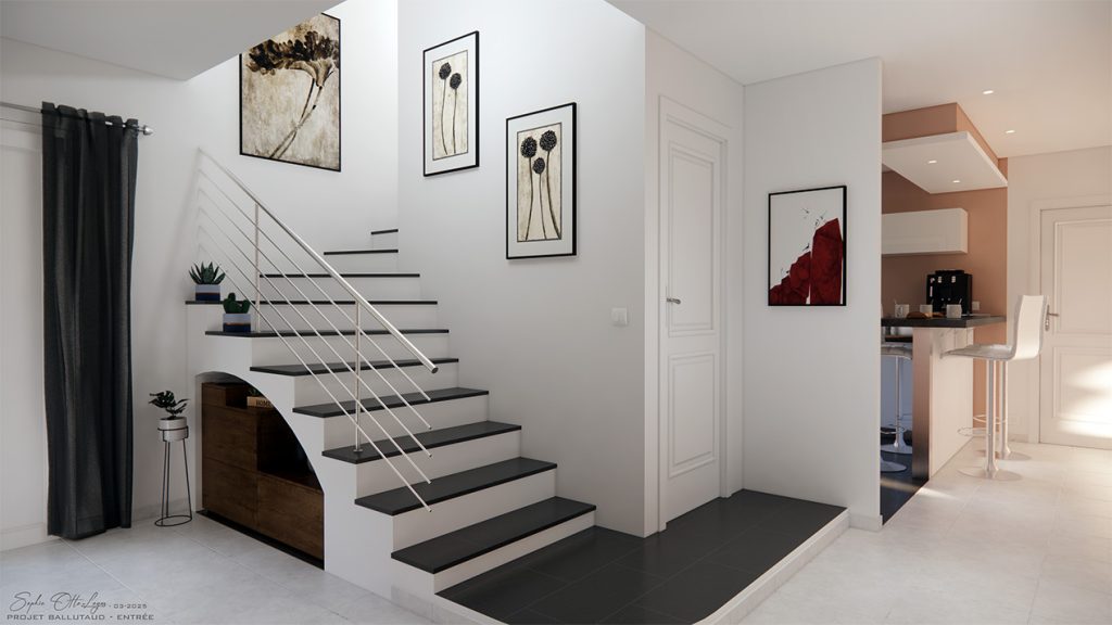 Dans la niche située sous l'escalier, un meuble à chaussures sera installé. Conçu par un menuisier local, il se composera de trois caissons et d'un petit tiroir supérieur destiné à accueillir le cirage, les brosses et les chiffons. Quelques éléments décoratifs viendront agrémenter cet espace. De plus, deux petites plantes seront placées au tournant de l'escalier, sous le garde-corps, comme illustré ci-dessous.