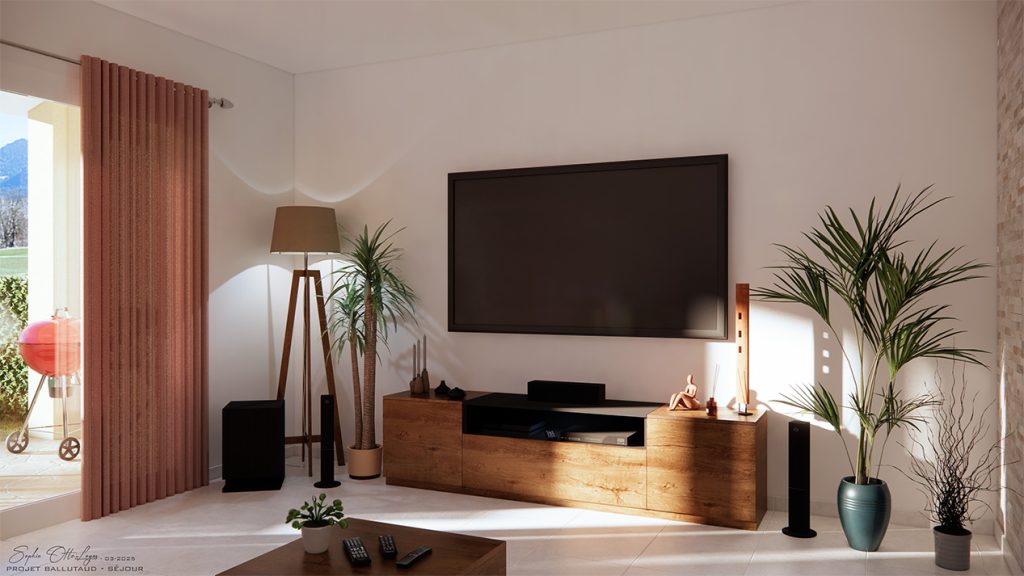 Dans le salon, le meuble TV sera remplacé par une pièce en bois élégante, intégrant la console de jeu et le décodeur dans un espace dédié. Quelques objets décoratifs sur le dessus viendront sublimer son caractère chaleureux. De chaque côté, des plantes vertes apporteront une touche de fraîcheur, tandis qu’un lampadaire sur pied en bois offrira un éclairage tamisé pour une ambiance cosy et moderne. L’ensemble alliera fonctionnalité, esthétique et confort, transformant le salon en un espace accueillant et familial.