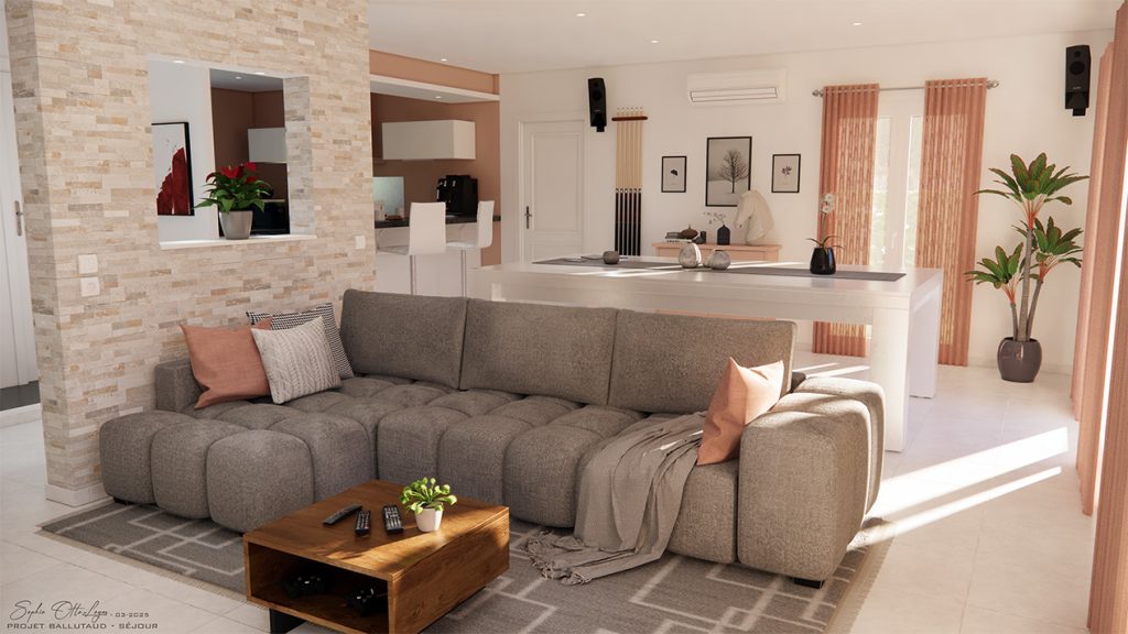 Le canapé ayant fait son temps, il sera remplacé par un modèle d'angle moderne de couleur grise, offrant confort et espace pour toute la famille. Ce canapé sera agrémenté de coussins variés, dont deux roses, en harmonie avec les rideaux et la peinture de la cuisine, ajoutant une élégance subtile. Un tapis gris clair viendra habiller le sol, apportant douceur et cohésion à l'ensemble. La table basse sera changée pour un modèle en bois, assorti au meuble TV, renforçant l'harmonie du salon. Enfin, deux petites plantes compléteront cet agencement, insufflant fraîcheur et sérénité dans l’espace.