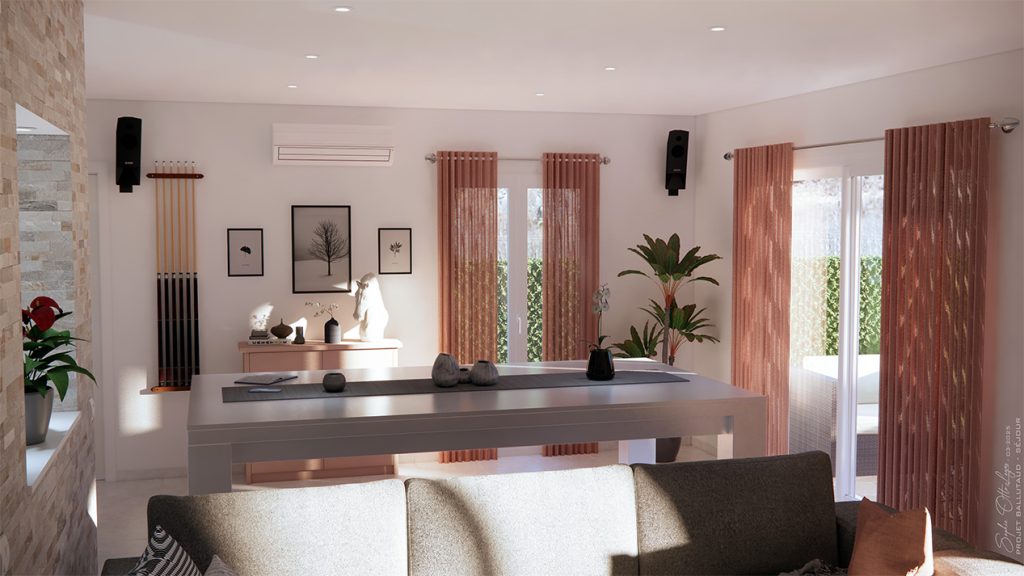 Dans la salle à manger, le plateau du billard sera agrémenté d’un chemin de table gris assorti au canapé et de quelques objets décoratifs. Le meuble console, repeint en Rose poudré pour s'harmoniser avec les rideaux et la cuisine, accueillera un buste de cheval en hommage à l’identité du village de Levens et à son lien étroit avec l'univers équestre. Au-dessus, trois cadres en noir et blanc sur le thème de la nature, orneront le mur, tandis qu’une autre photo, placée entre les portes-fenêtres, délimitera les espaces. Enfin, une grande plante verte installée dans le coin apportera une note de fraîcheur et de vie à l’ensemble.