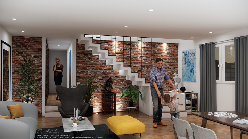 Exercice de design d'intérieur, avec création d'un escalier. Modélisation SketchUp Rendu Enscape