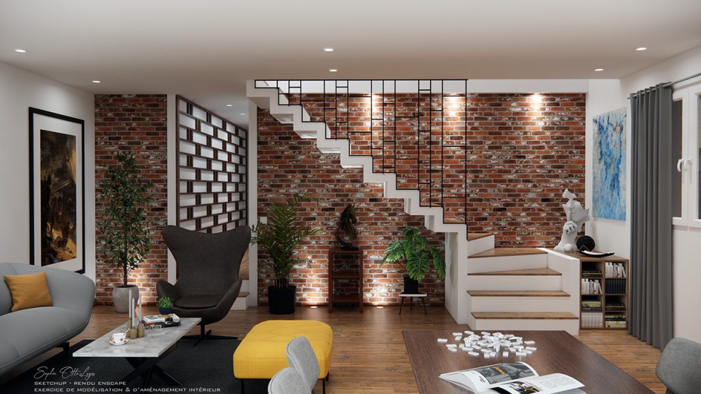 Exercice de design d'intérieur, avec création d'un escalier. Modélisation SketchUp Rendu Enscape