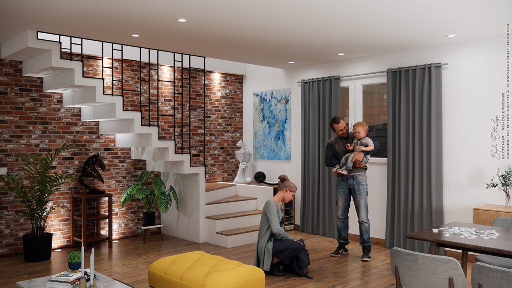 Exercice de design d'intérieur, avec création d'un escalier. Modélisation SketchUp Rendu Enscape