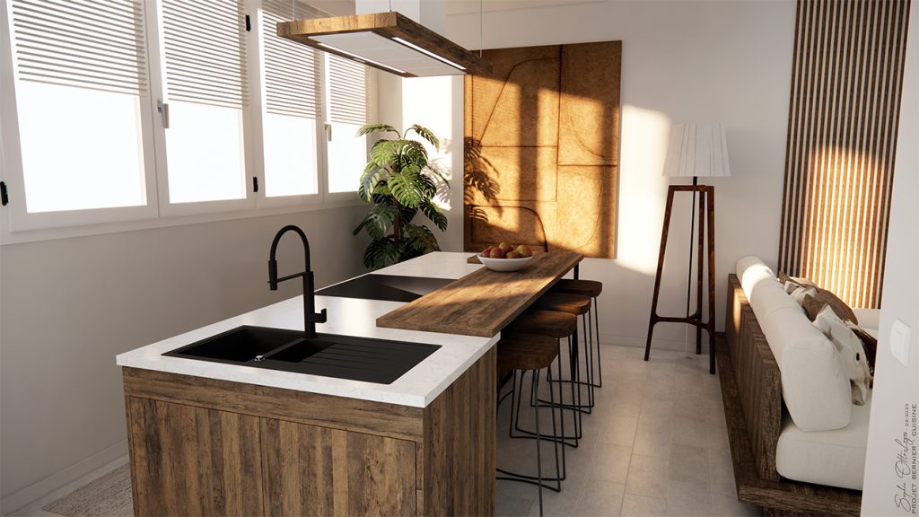 Cuisine sur mesure que j'ai entièrement dessiné. Elle se compose d'un grand ilot central avec un évier, une plaque à induction, un plan de travail en marbre blanc, une table à manger en bois et 4 tabourets de bar. Sur le mur au fond, un grand tableau structuré et une lampe sur pied en bois.