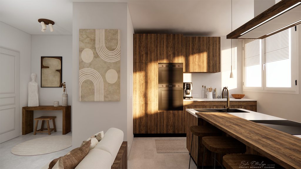 Cuisine sur mesure que j'ai entièrement dessiné. Elle se compose d'un grand ilot central avec un évier, une plaque à induction, un plan de travail en marbre blanc, une table à manger en bois et 4 tabourets de bar. Elle sera également équipée de 2 grandes armoires toute hauteur en bois foncé, dont l'une accueillera le réfrigérateur et le congélateur, et l'autre 2 fours encastrés (1 à chaleur tournante et 1 micro-onde). Le meuble bas (avec son plan de travail en marbre blanc), sera composé de 4 placards et de 4 tiroirs. Le meuble haut, quant à lui, sera un placard 2 portes. Une hotte sera fixée au plafond au-dessus de la zone de cuisson.