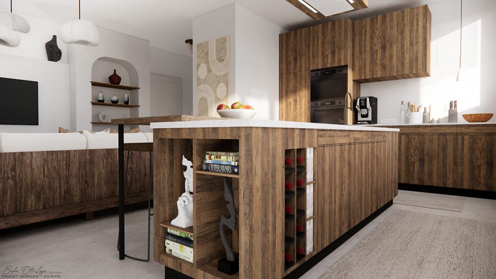 Cuisine sur mesure que j'ai entièrement dessiné. Elle se compose d'un grand ilot central avec un évier, une plaque à induction, un plan de travail en marbre blanc, une table à manger en bois et 4 tabourets de bar. Elle sera également équipée de 2 grandes armoires toute hauteur en bois foncé, dont l'une accueillera le réfrigérateur et le congélateur, et l'autre 2 fours encastrés (1 à chaleur tournante et 1 micro-onde). Le meuble bas (avec son plan de travail en marbre blanc), sera composé de 4 placards et de 4 tiroirs. Le meuble haut, quant à lui, sera un placard 2 portes. Une hotte sera fixée au plafond au-dessus de la zone de cuisson.