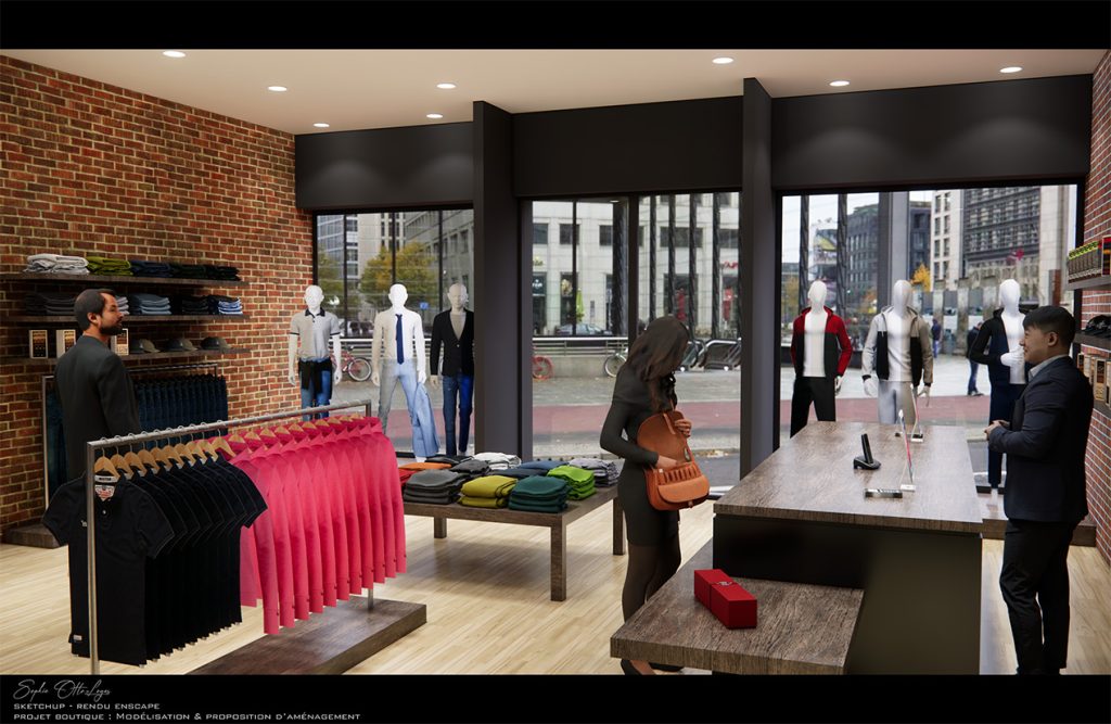 Exercice de création d'une boutique de vêtements. Modélisation SketchUp Rendu Enscape