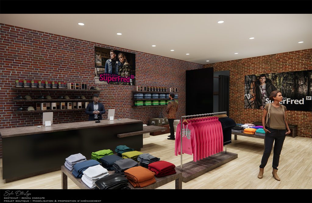 Exercice de création d'une boutique de vêtements. Modélisation SketchUp Rendu Enscape