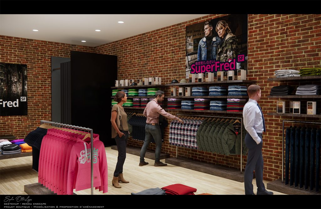 Exercice de création d'une boutique de vêtements. Modélisation SketchUp Rendu Enscape