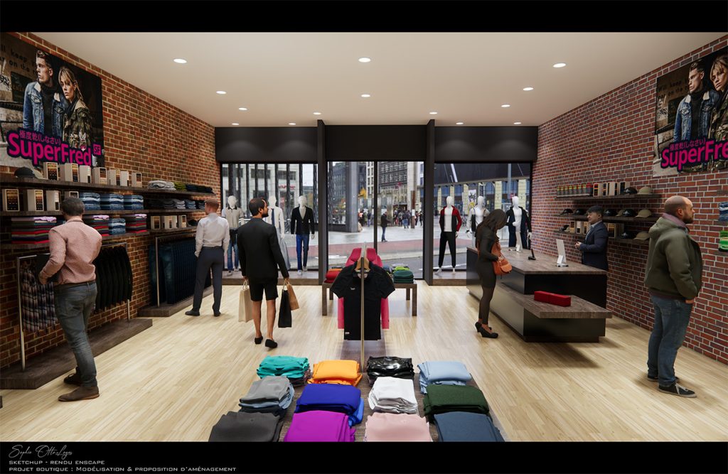 Exercice de création d'une boutique de vêtements. Modélisation SketchUp Rendu Enscape