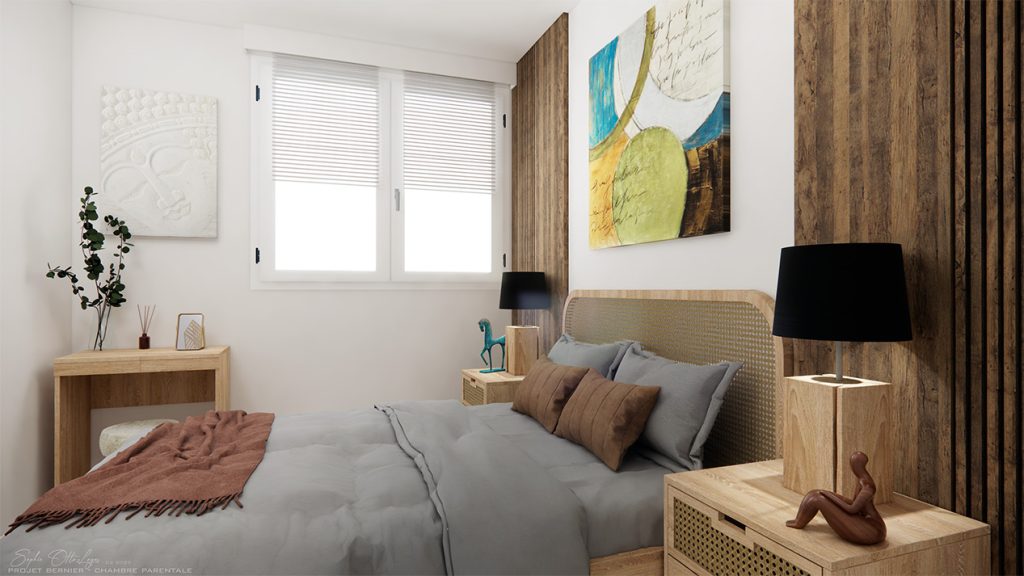 La chambre parentale avec le lit encadré de tasseaux de bois avec en son centre un tableau abstrait accroché au mur. Il y a également les chevet, la coiffeuse avec son petit tabouret.