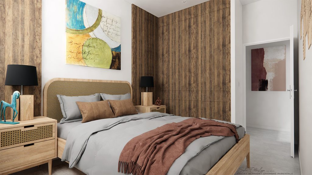 La chambre parentale avec le lit encadré de tasseaux de bois avec en son centre un tableau abstrait accroché au mur. Sur le coté droit du lit, le placard dressing sur mesure est assorti aux tasseaux.