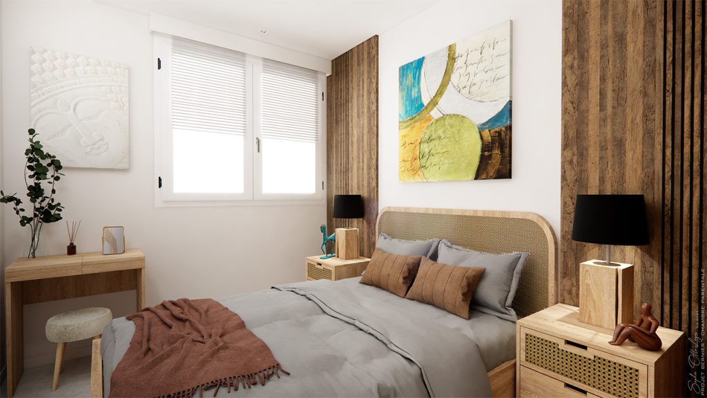 La chambre parentale avec le lit encadré de tasseaux de bois avec en son centre un tableau abstrait accroché au mur. Il y a également les chevet, la coiffeuse avec son petit tabouret.