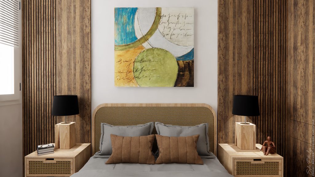 La chambre parentale avec le lit encadré de tasseaux de bois avec en son centre un tableau abstrait accroché au mur. Les tables de chevet en bois plus clair, contrastent avec l'ensemble tout en créant une harmonie.