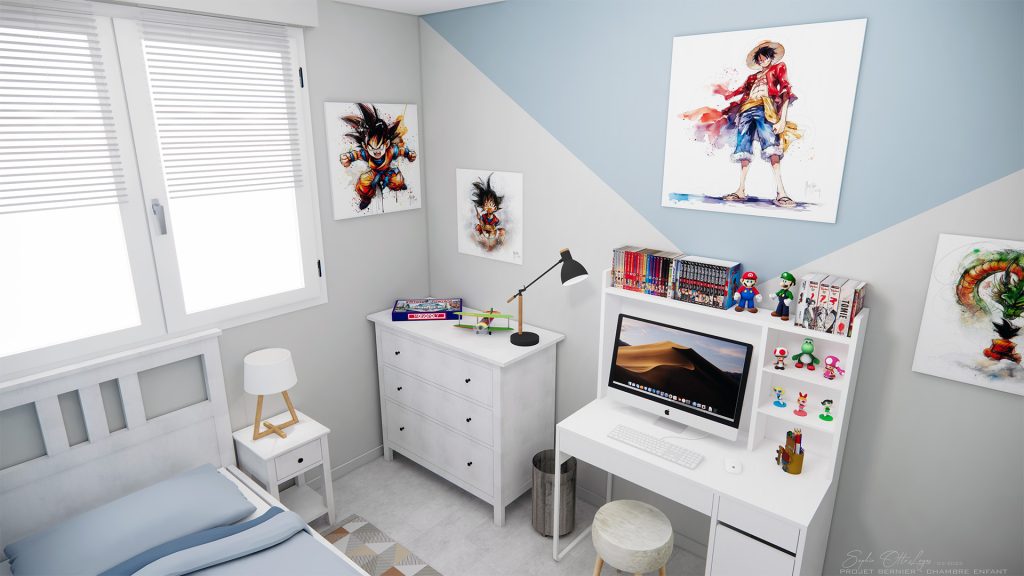 La chambre d'ado dans l'esprit manga, avec ses tableaux, le petit bureau, la commode, le lit et son chevet.