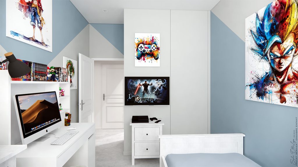 La chambre d'ado dans l'esprit manga, avec ses tableaux, le petit bureau, la TV et sa console de jeu et le placard dressing à droite.