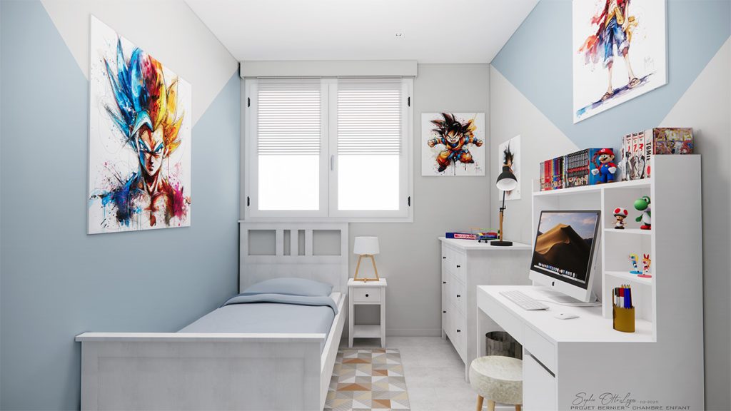 La chambre d'ado dans l'esprit manga, avec ses tableaux, le petit bureau, la commode, le lit et son chevet.