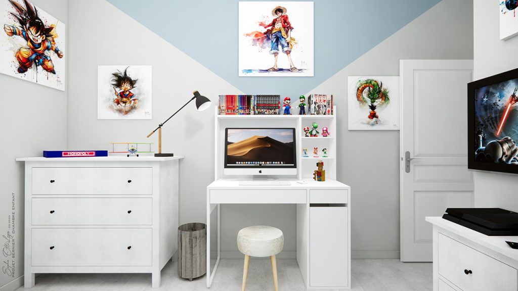 La chambre d'ado dans l'esprit manga, avec ses tableaux, le petit bureau, la commode, la TV et sa console de jeu