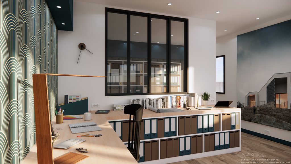 Exercice d'aménagement d'un bureau atelier. Modélisation Sketchup Rendu Enscape