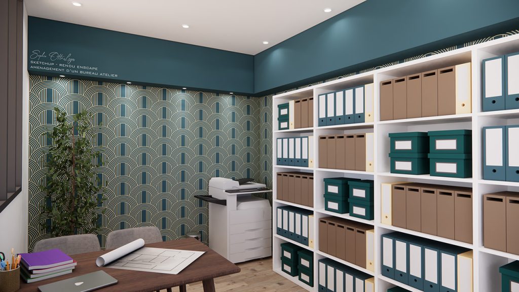 Exercice d'aménagement d'un bureau atelier. Modélisation Sketchup Rendu Enscape