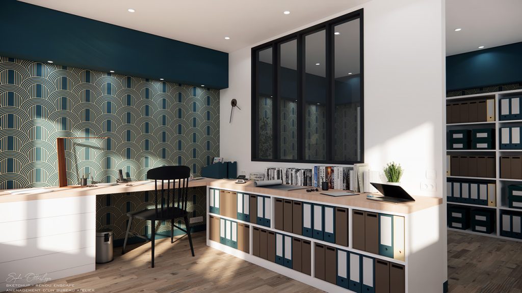 Exercice d'aménagement d'un bureau atelier. Modélisation Sketchup Rendu Enscape