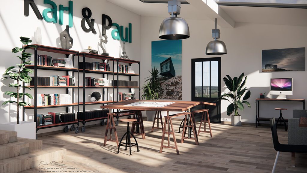 Exercice d'aménagement d'un atelier d'architecte. Modélisation Sketchup Rendu Enscape