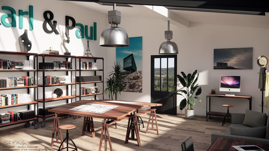 Exercice d'aménagement d'un atelier d'architecte. Modélisation Sketchup Rendu Enscape