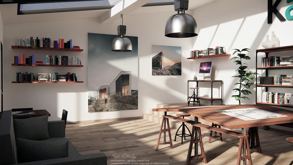 Exercice d'aménagement d'un atelier d'architecte. Modélisation Sketchup Rendu Enscape