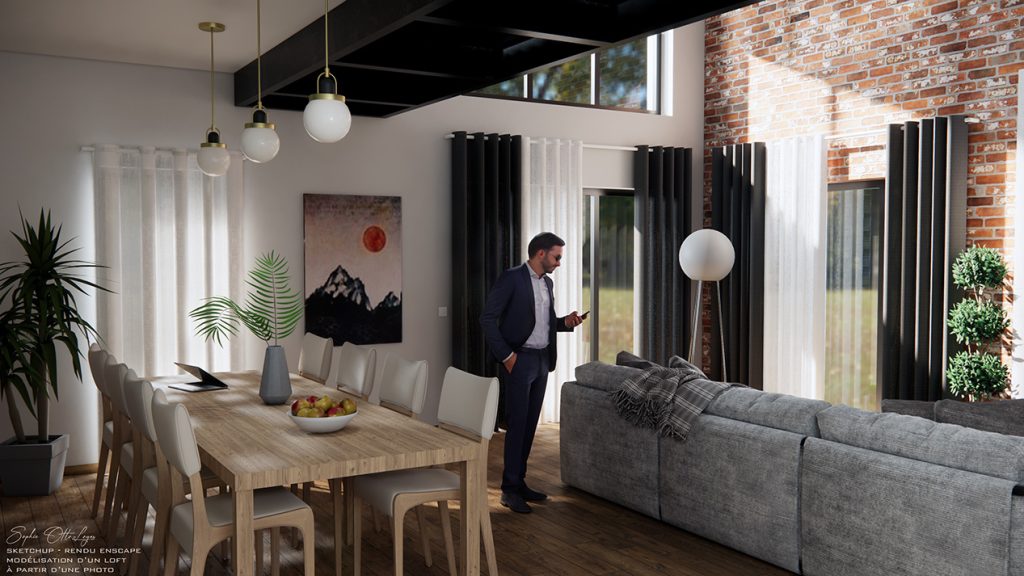 Exercice modélisation d'un loft à partir d'une photo. Modélisation Sketchup Rendu Enscape