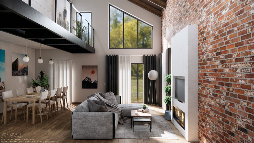 Exercice modélisation d'un loft à partir d'une photo. Modélisation Sketchup Rendu Enscape