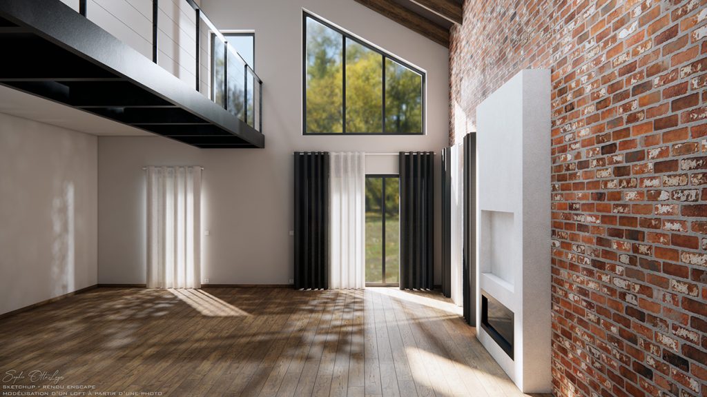 Exercice modélisation d'un loft à partir d'une photo. Vue sans les meubles, pour apprécier le jeu des ombres. Modélisation Sketchup Rendu Enscape